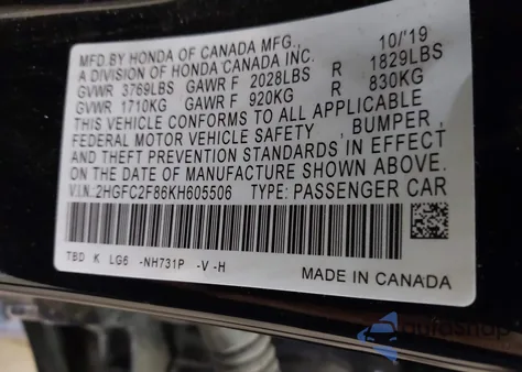 2019 Honda Civic Sport from USA, damaged, VIN 2HGFC2F86KH605506